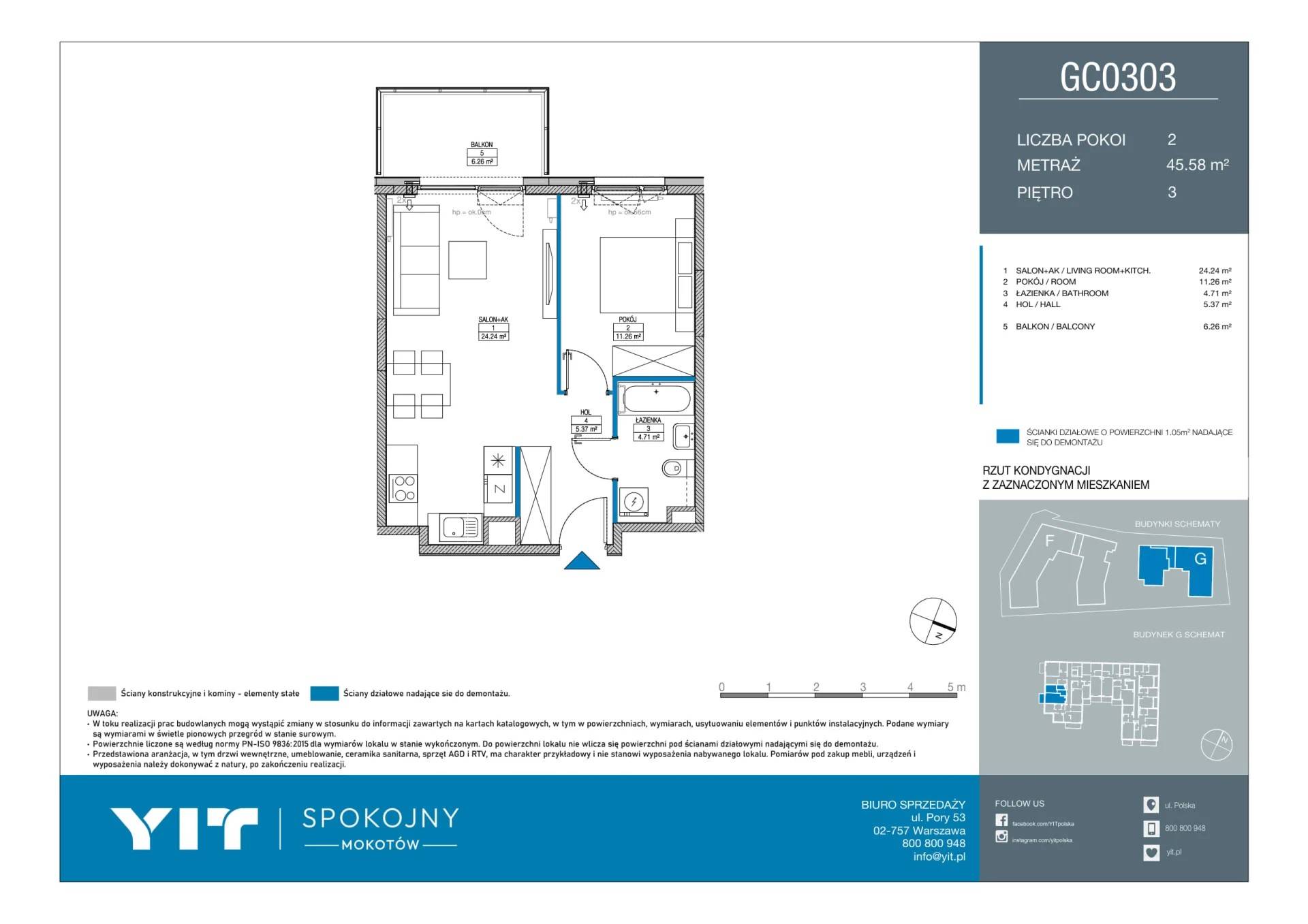 Spokojny Mokotów II – inwestycja YIT - lokal G C0303, budynek 1-1254B23